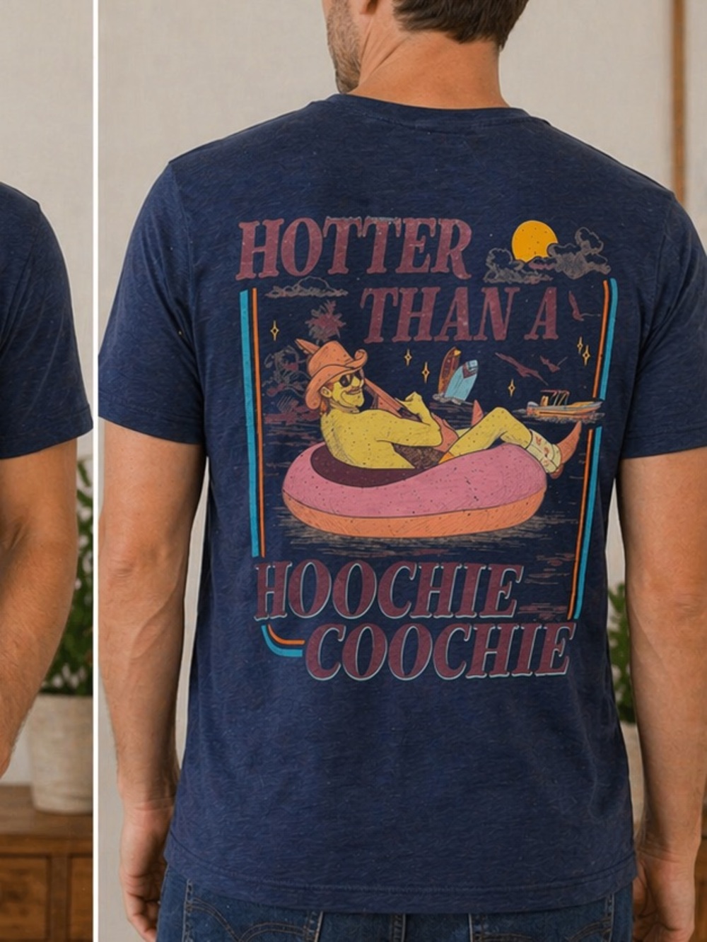Men's Navy Graphic V-Neck T-Shirt - Hotter Than A Hoochie Coochie MEDIUM